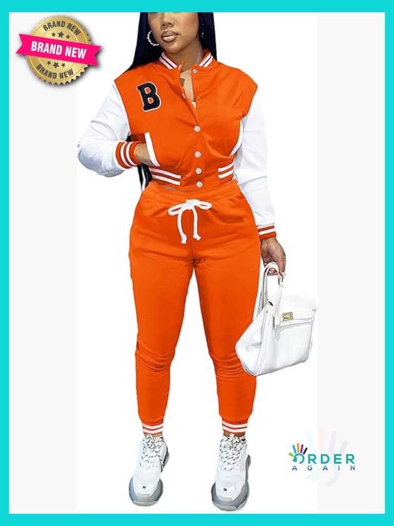 Varsity Jacket Sweatsuit 2 Piece Set Crop Top Button Down Tracksuit Letterman
